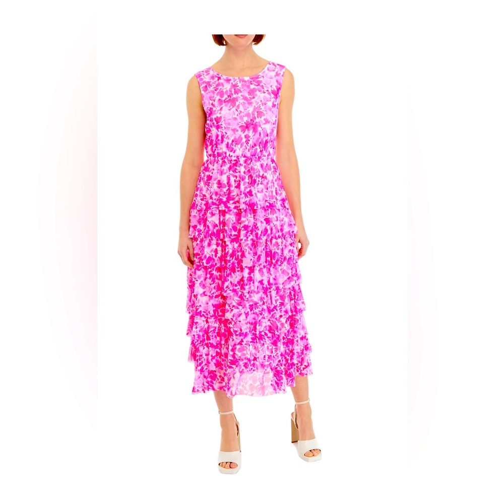 Vince Camuto mesh, ruffled maxi dress with scoop back